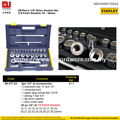 STANLEY MAECHANIC TOOLS DRIVE SOCKET SET 12 POINT 10MM 32MM 26PC 8647723 (CL)