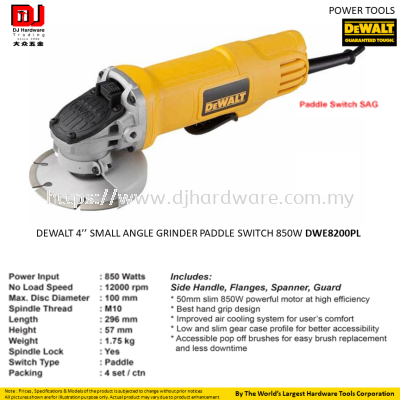 DEWALT 4'' SMALL ANGLE GRINDER PADDLE SWITCH 850W DWE8200PL (CL)