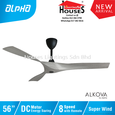 ALPHA Alkova - AXIS 56 Inch DC Motor Ceiling Fan with 3 Blades (8 Speed Remote) - GREY WOOD(MB+GW)