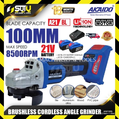 AKAIDO AKM100BL / AKM100BL 21V Brushless Cordless Angle Grinder 8500RPM + 2 x Batteries 4.0Ah + Charger