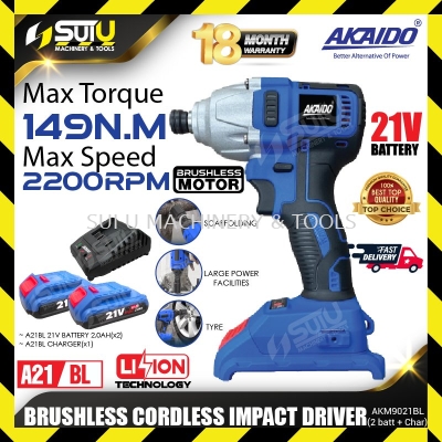 AKAIDO AKM9021BL-B / AKM9021BL 21V 149NM Brushless Cordless Impact Driver 2200RPM + 2 x Batteries 2.0Ah + Charger 