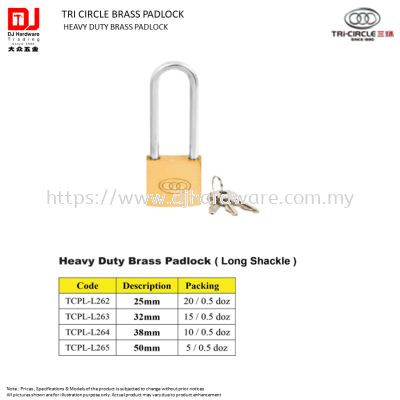 TRI CIRCLE BRASS PADLOCK HEAVY DUTY BRASS PADLOCK LONG SHACKLE TCPLL (CL)