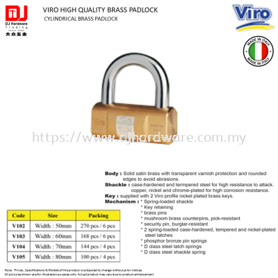 VIRO HIGH QUALITY BRASS PADLOCK CYLINDRICAL BRASS PADLOCK V102 V103 V104 V105 (CL)