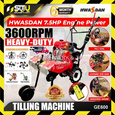 HWASDAN GE600 / GE-600 7.5HP 212CC 4-Stroke Heavy Duty Tilling Machine / Tiller 4.0kW 3600RPM with Accessories