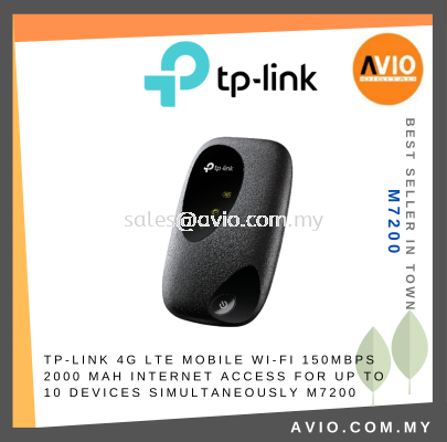 TP-LINK Tplink M7200 4G LTE Mobile Wifi 2.4GHz 150Mbps Speed Battery 2000mAh Rechargeable Support 10 Device Black M7200