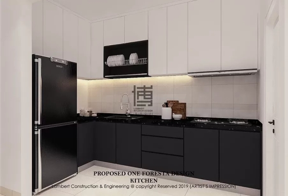 Reka Bentuk Kabinet Dapur Tema Hitam & Putih Di One Foresta Bayan Lepas