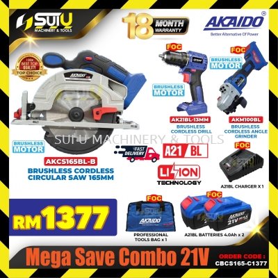 AKAIDO CBCS165-C1377 Mega Save Combo 21V AKCS165BL-B + AKM100BL + AK21BL-13MM + 2 x Batt 4.0Ah + 1 x Char + 1 x Bag