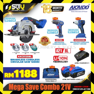 AKAIDO CBCS125-A1188 Mega Save Combo 21V AKCS125BL-B + AK21BL + AKM9021BL + 2 x Batteries 4.0Ah + 1 x Charger + 1 x Bag