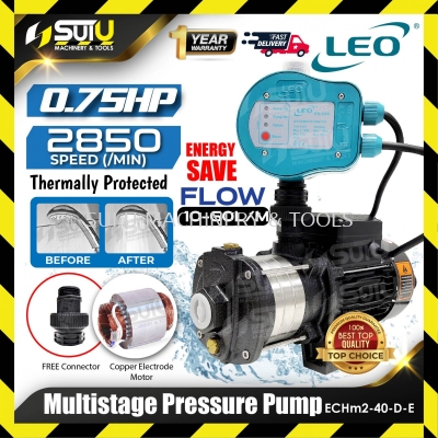 LEO ECHM2-40DE 0.75HP Stainless Steel Horizontal Multistage Pressure Pump 0.55kW 2850RPM