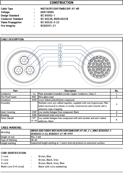 DRAKA LV POWER CABLE - Fire Resistant - Armoured(SWB) CU/MGT/XLPE/LSHF/SWB/LSHF-AT-AR 600/1000V TO I