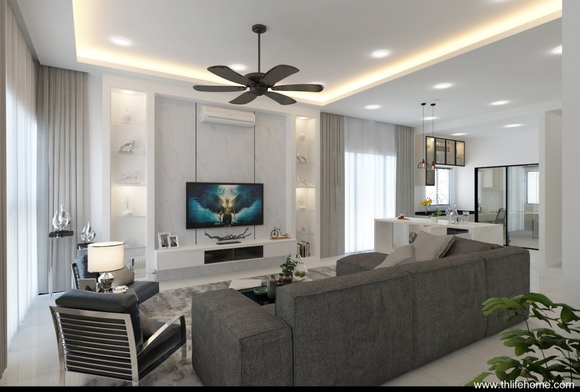 Living Hall TV Cabinet , Open Kitchen Cabinet & Light Holder Plaster Ceiling 3D Design Living Design Living 3D Design Drawing