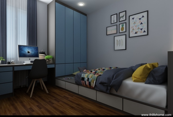 Custom Bed & Wardrobe With Study Table 3D Design