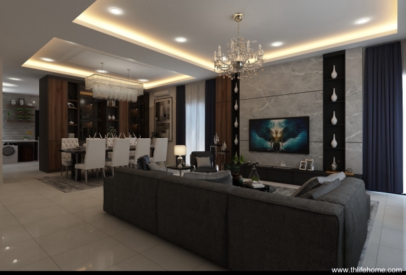 Dining & Living Hall With Plaster Ceiling 3D Design