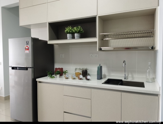 Simpang Ampat Eco Bloom White Quartz Stone Melamine Door Kitchen Cabinet Reference