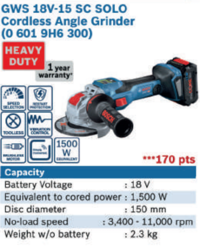 GCM 18V-15SC Solo Cordless Angle Grinder - 0 601 9H6 300