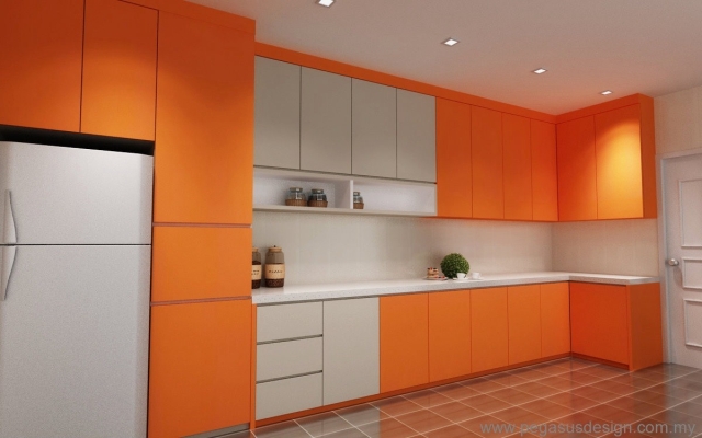 3D Drawing Kitchen Cabinet Idea (Orange) - Kempas