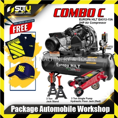 Combo C Automobile / Car Workshop Set (EUROPA HILT EA512-15A Air Compressor + 3 Tons Floor Jack + Jack Stand + Free Gift)