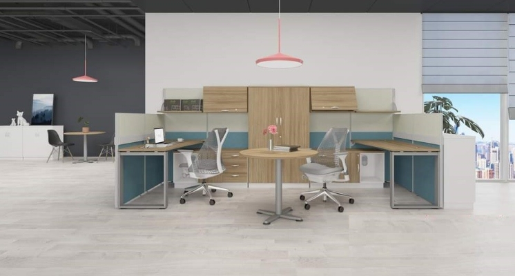 2 cluster Manager workstation with tall cabinet and discussion table