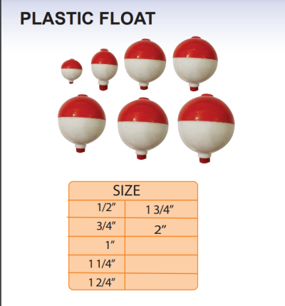 Plastic Float 1/2'', 3/4'', 1'', 1 1/4'', 1 2/4'', 1 3/4''. 2'' 