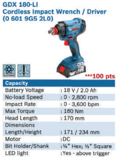 GDX 180-LI CORDLESS IMPACT WRENCH DRIVER - 0 601 9G5 2L0