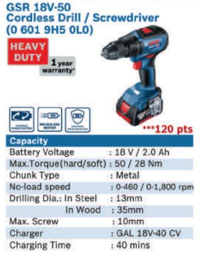 GSR 18V-50 CORDLESS DRILL SCREWDRIVER - 0 601 9H5 0L0