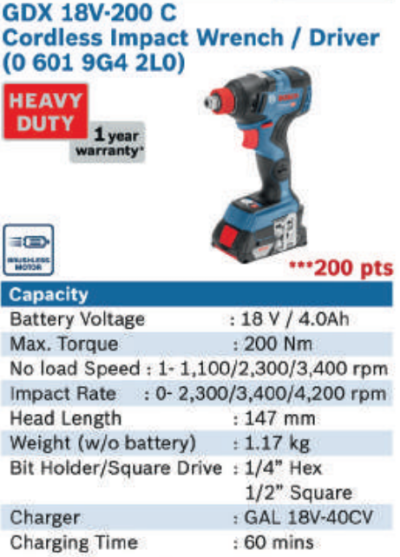 GDX 18V-200C CORDLESS IMPACT WRENCH DRIVER - 0 601 9G4 2L0