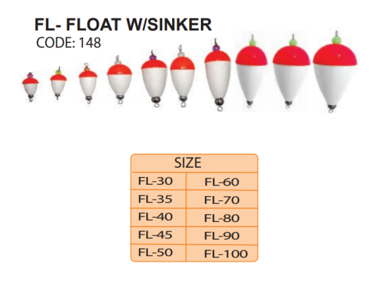 FL-Float with Sinker FL30 FL35 FL40 FL45 FL59 FL60 FL70 FL80 FL90 FL100 (Code 148)