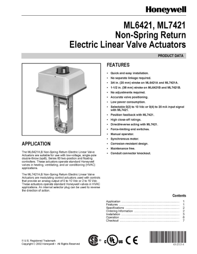 Honeywell ML6421, ML7421 Non-Spring Return Electric Linear Valve Actuators