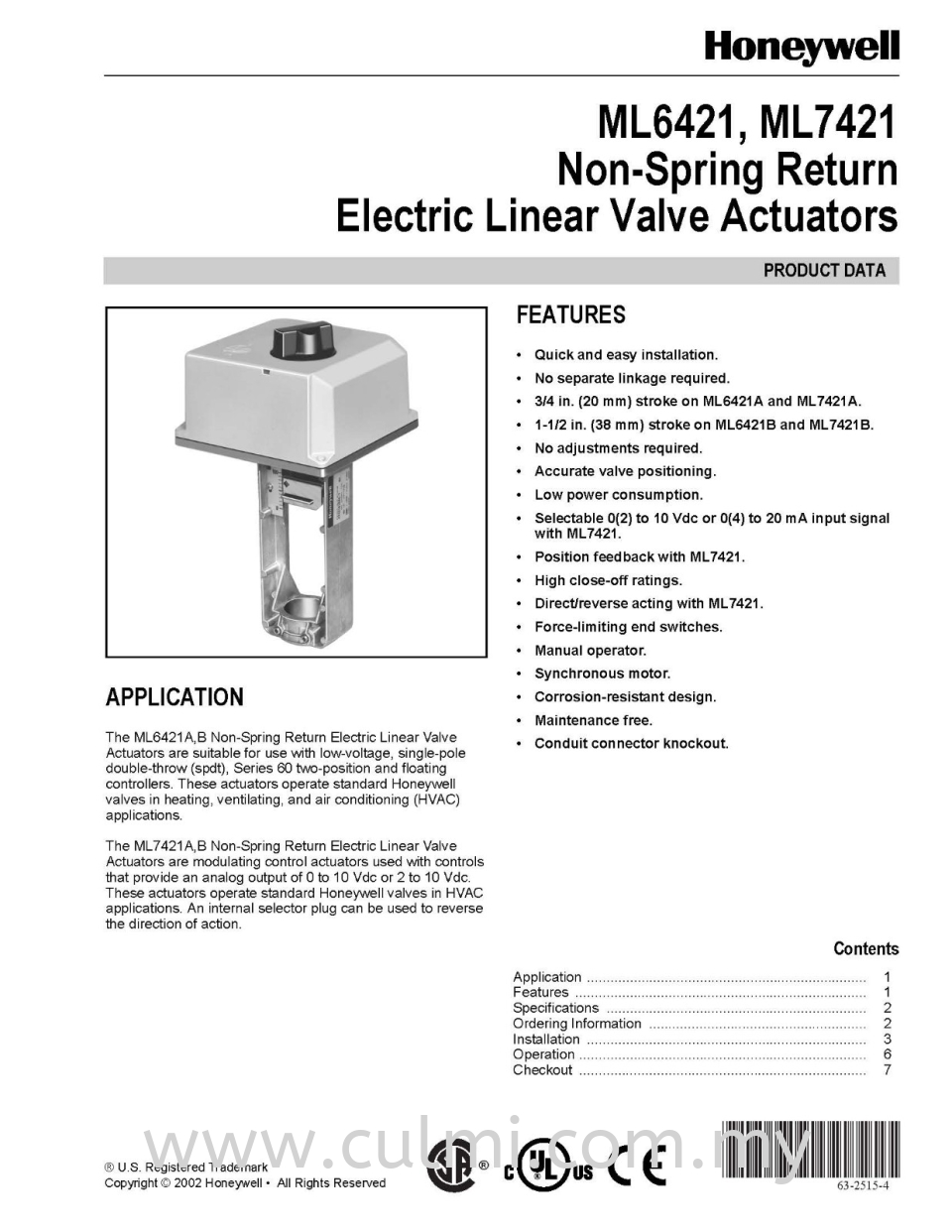 Honeywell ML6421, ML7421 Non-Spring Return Electric Linear Valve Actuators