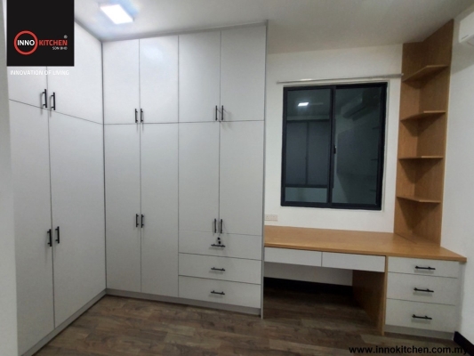 White Color Wardrobe With Study Table Design - Landmark Sg Long