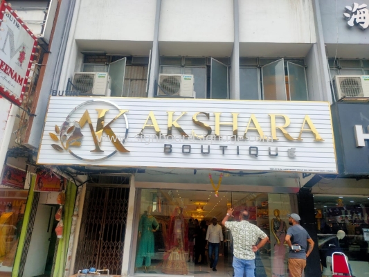 Akshara Boutique - 3D LED Stainless Steel Gold Mirror Backlit with Aluminum Panel Base Signboard 