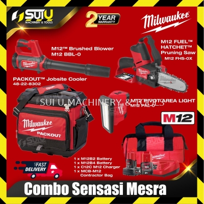 MILWAUKEE SENSASI MESRA COMBO (M12 BBL-0 + M12 FHX-0X + M12 PAL-0 + 48-22-8302 + M12B2 + M12B4 + M12 Charger + MCB-M12)