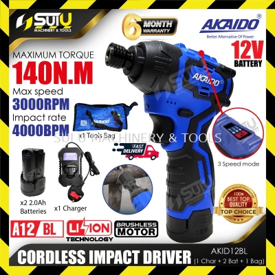 AKAIDO AKID12BL 12V 140NM Brushless Cordless Impact Driver 3000RPM 4000BPM w/ 2 x Batteries 2.0Ah