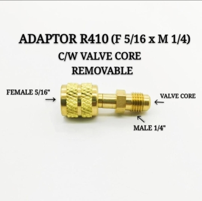 BRASS ADAPTOR (5/16" [FEMALE] X 1/4" [MALE]) C/W VALVE CORE REMOVABLE (R22 TO R410A) (GOL)