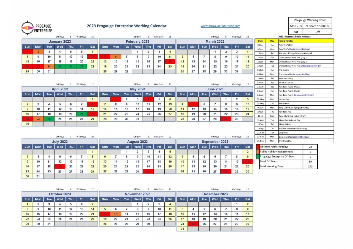 2023 - Progauge Enterprise Working Calendar