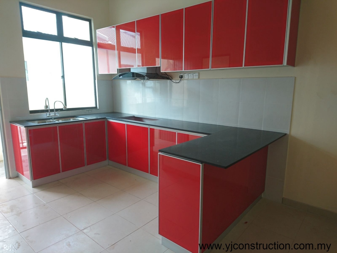 Red Color 3G Glass Kitchen Cabinet Red Color Kitchen Cabinet Kitchen Cabinet  Malaysia Reference Renovation Design 