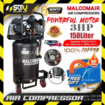 MALCOMAIR MAL-V2512HS / MALV2512HS 3HP 150L High Pressure Vertical Air Compressor 1050RPM + Free Gift