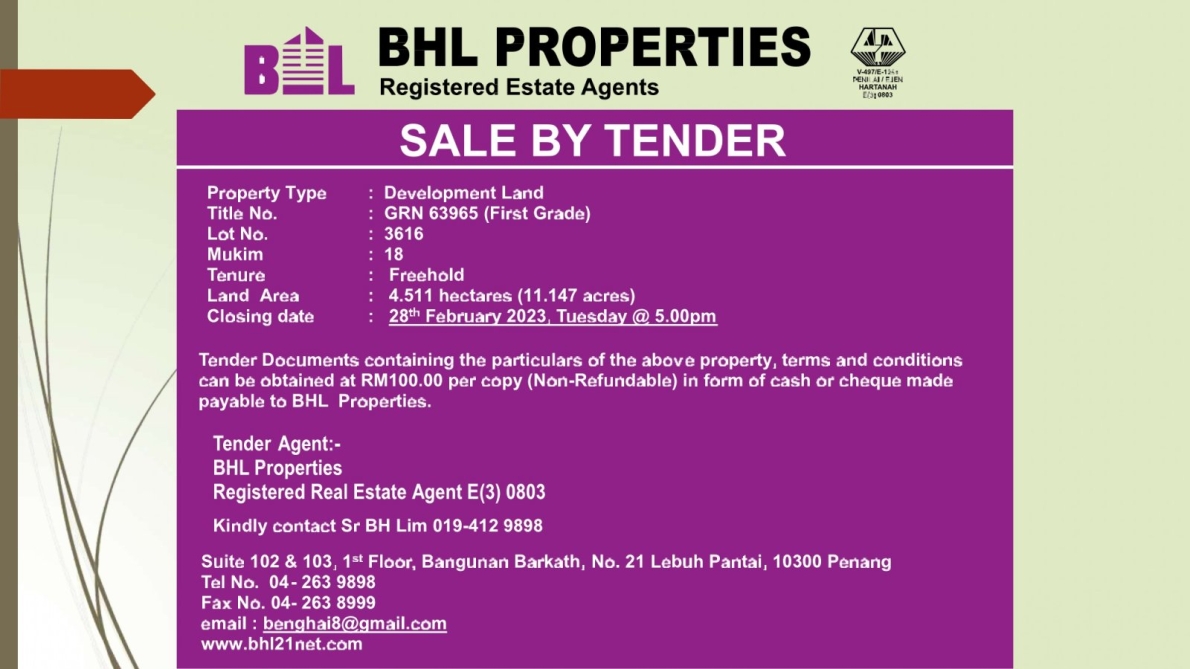 SALE BY TENDER (DEVELOPMENT LAND)