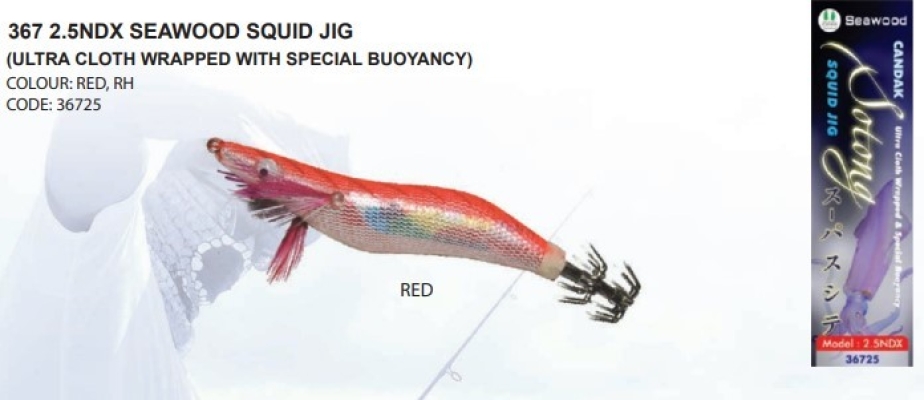 367 2.5NDX SEAWOOD SQUID JIG (ULTRA CLOTH WRAPPED WITH SPECIAL BUOYANCY)(RED, RH )  36725