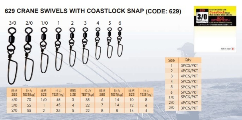 629 CRANE SWIVELS WITH COASTLOCK SNAP (SIZE 30 20 10 1 2 3 4 5 6 ) 628