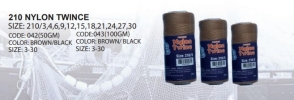 210 NYLON TWINCE (SIZE 210 3,4,6,9,12,15,18,21,24,27,30)( BROWN BLACK)(SIZE3-30) 043 (100GM) Fishing Rope/Bag Fishing Net