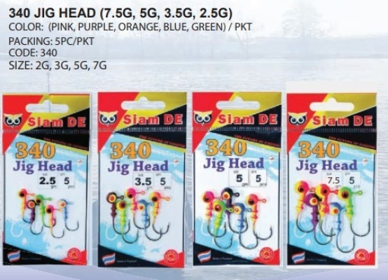 340 JIG HEAD (7.5G, 5G, 3.5G, 2.5G) (PINK, PURPLE, ORANGE, BLUE, GREEN) PER PKT (5PC PER PKT)  2G, 3G, 5G, 7G