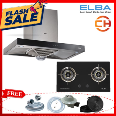 ELBA DESIGNER ELEGANTE CHIMNEY HOOD EH-H9027ST(SS) 1,400(m3hr) + EGH-D8502GX(BK) GLASS HOB