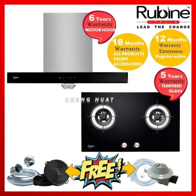 RUBINE STAINLESS STEEL HOOD RCH-BOXLINE X-90SS + TEMPERED GLASS GAS HOB RGH-FIGATA2B-BL