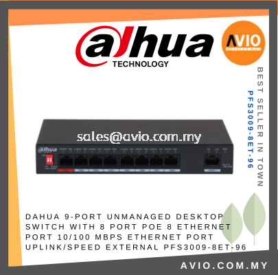 Dahua 8 Port Unmanaged POE Switch 8x POE 1x Uplink Ethernet LAN Network Port Max 96Watt 250m Distance PFS3009-8ET-96