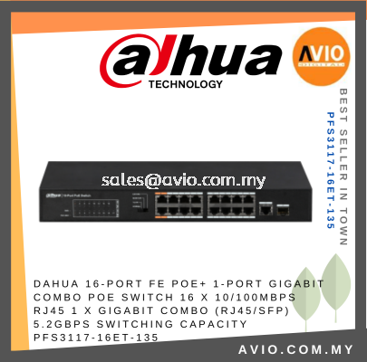 Dahua 16 Port PoE Switch 8x POE RJ45 LAN 1x Gigabit SFP Network Uplink max 135Watt 250m Long Distance PFS3117-16ET-135