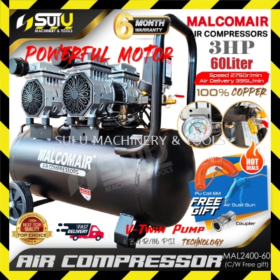 OILLESSMALCOMAIR MAL2400-60 60L 3HP 8Bar Oilless Air Compressor 2750RPM + Gift