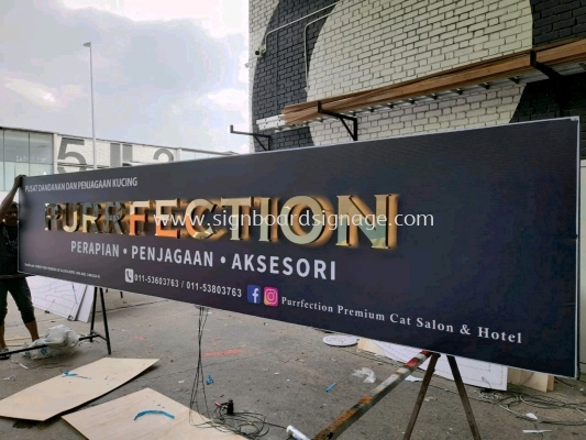 Purrfection - Perapian - Penjagaan - Aksesori - Outdoor 3D LED Backlit Stainless Steel Gold Mirror Signboard - Ampang 