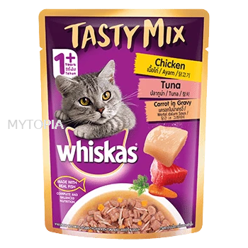 WHISKAS TASTY MIX POUCH CHICKEN, TUNA, CARROT IN GRAVY 70G