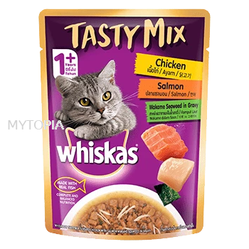 WHISKAS TASTY MIX POUCH CHICKEN, SALMON, SEAWEED IN GRAVY 70G